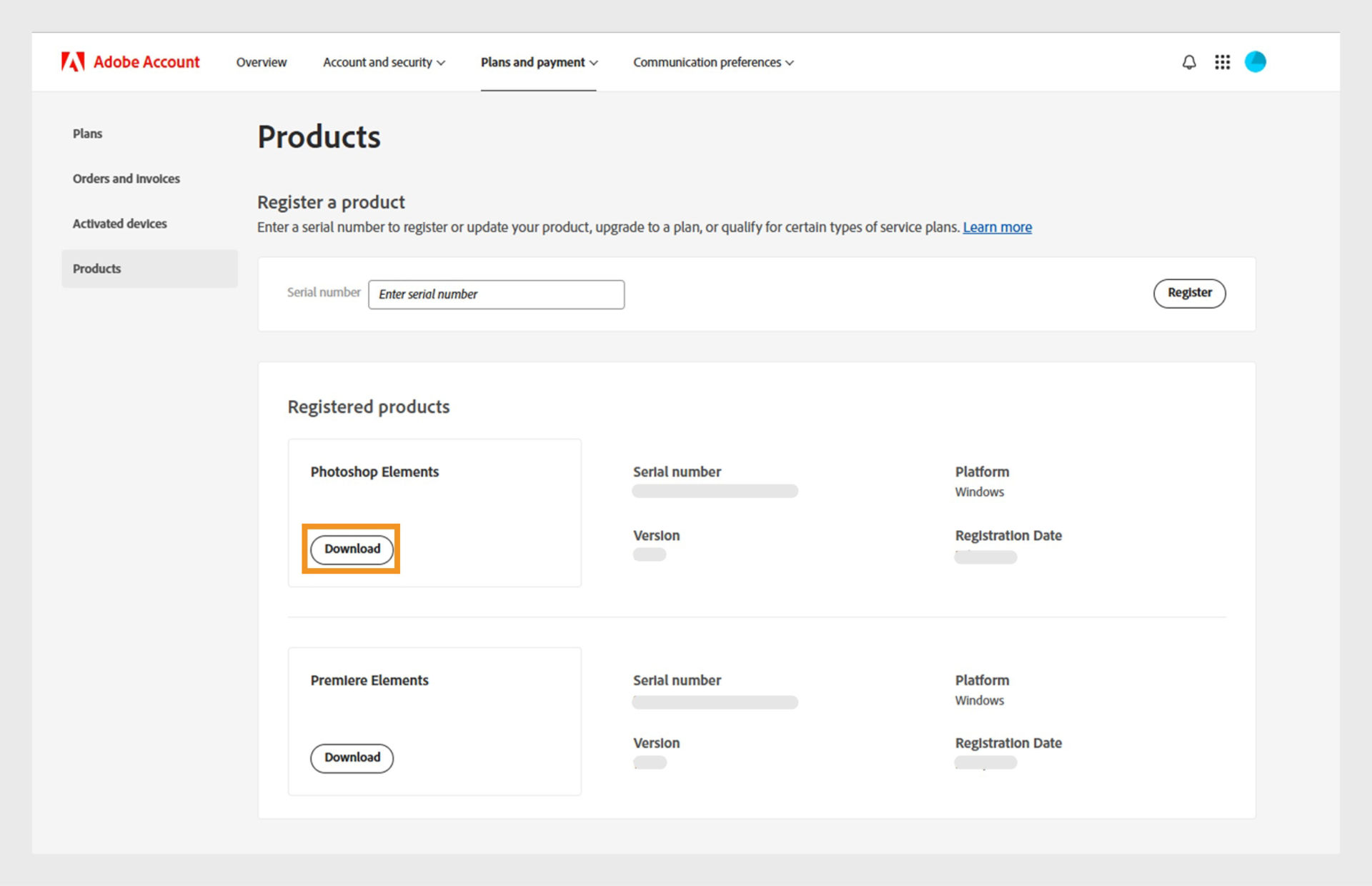 Adobe Account Products page showing options to view/download registered products like Photoshop Elements and Premiere Elements.
