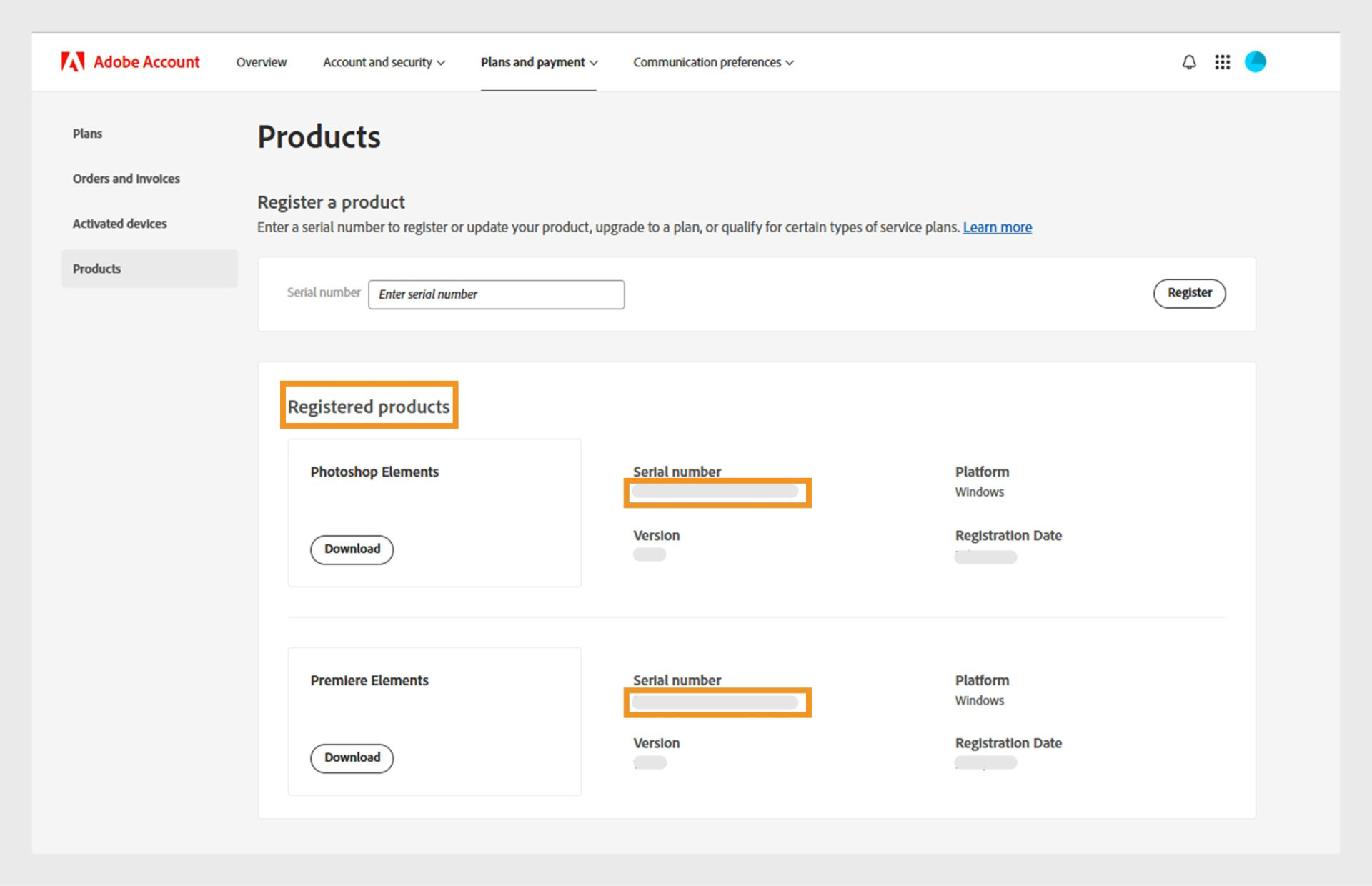The Adobe Account Products page displays the serial number of your registered Adobe products next to the name of each app.
