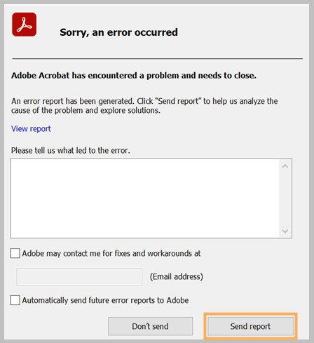 Adobe Acrobat crash report dialog box where 'Send report' button is highlighted.