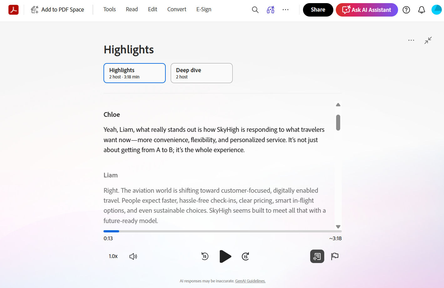 Adobe Acrobat document podcast view is shown with the transcript and controls for play, speed, volume, and skipping through the audio.
