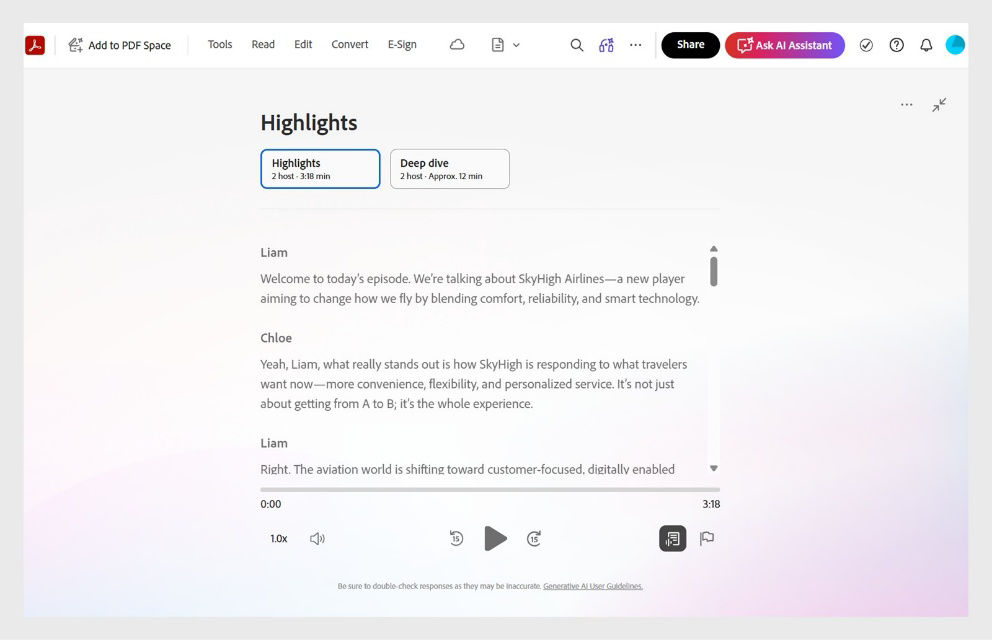 Adobe Acrobat document's podcast view is shown with the transcript and controls for play, speed, volume, and skipping through the audio.