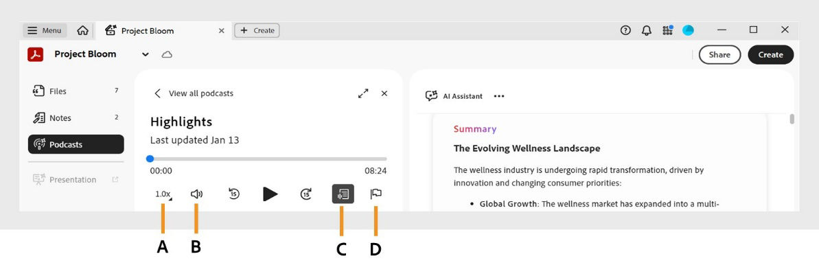 Zobrazenie podcastu v dokumente Adobe Acrobat s prepisom a ovládacími prvkami na prehrávanie, rýchlosť, hlasitosť a preskakovanie zvuku.