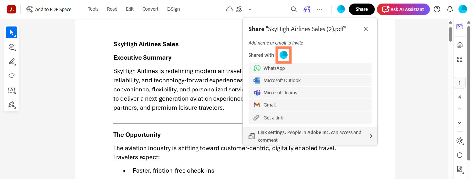 Adobe Acrobat interface showing a contract with the Share panel open on the right, including options to copy a shared link and manage file access settings to control or remove permissions.