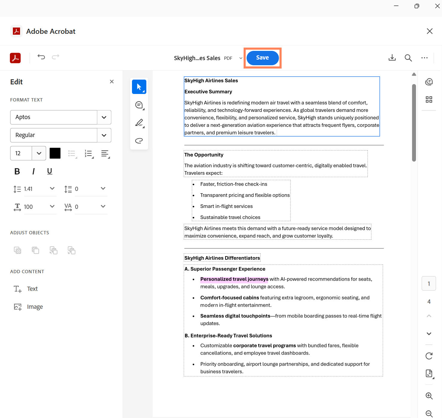 Adobe Acrobat interface showing a document open in edit mode with the Save button highlighted at the top.