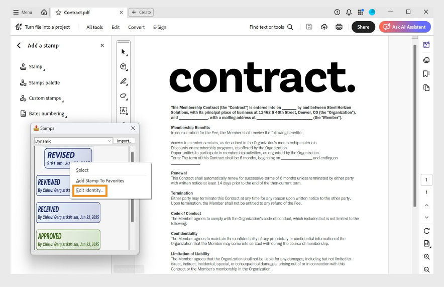 Adobe Acrobat showing a PDF titled “Contract” with the Stamps tool open and the option to edit stamp identity highlighted in the dynamic stamp panel.