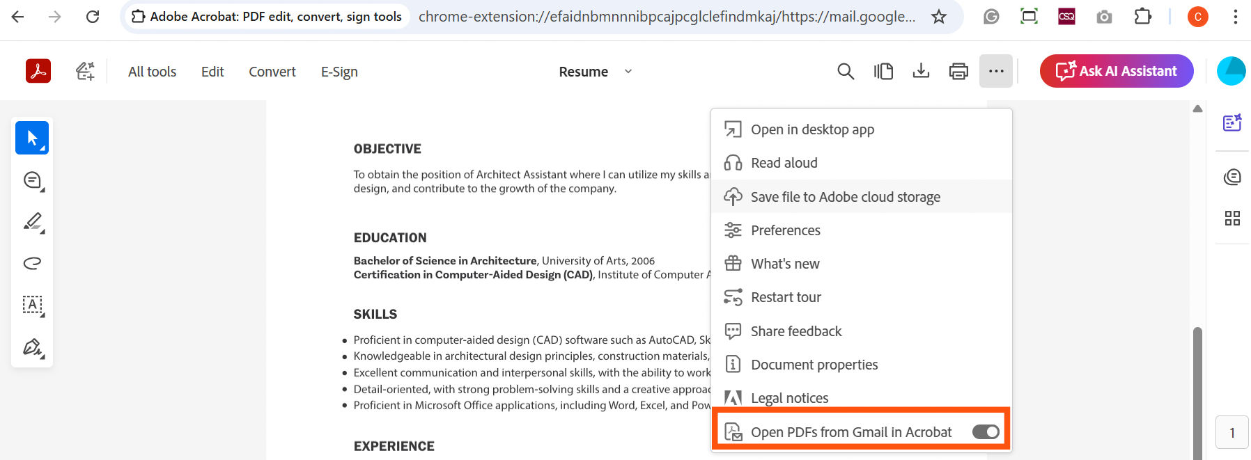 Adobe Acrobat viewer showing the three‑dot menu with the “Open PDFs from Gmail in Acrobat” toggle highlighted.