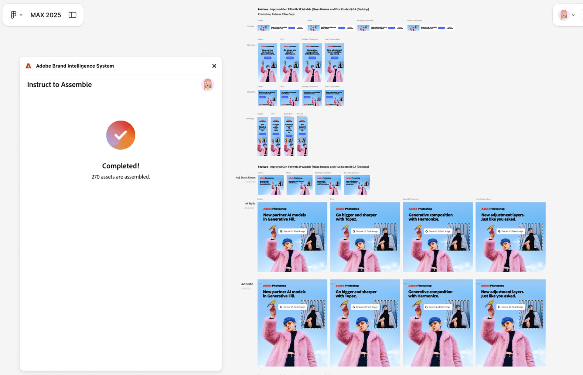 Adobe Brand Intelligence plugin in Figma shows the Instruct to Assemble panel on the left and generated designs on the right.