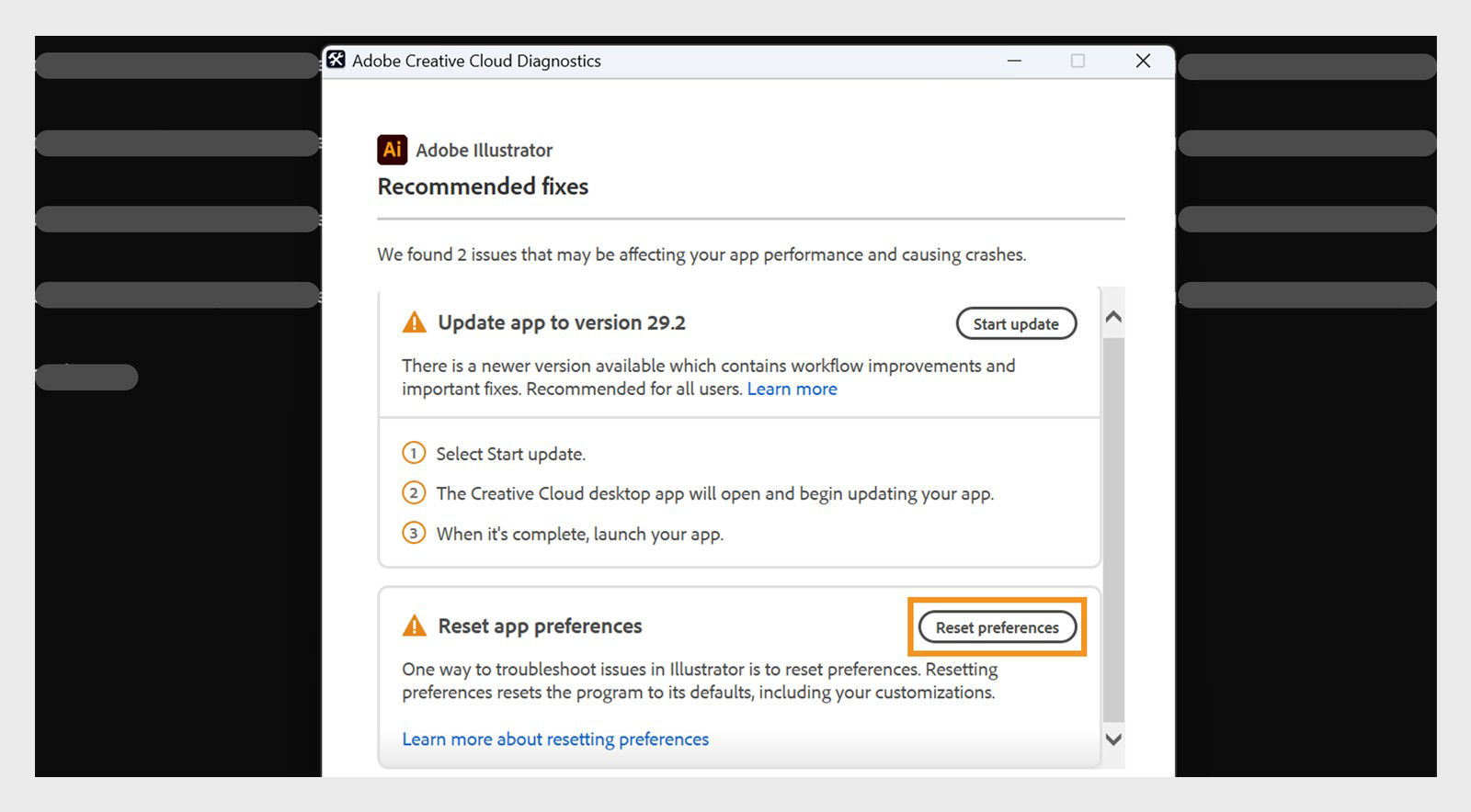 Adobe Creative Cloud Diagnostics window for Adobe Illustrator displays the 'Recommended fixes' alert with recommendations to update the app and reset preferences.