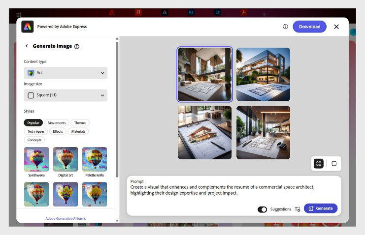 De Adobe Express-editor in Acrobat toont een vak voor tekstbeschrijving, afbeeldingsopties en voorbeeldopdrachten voor het genereren van AI-afbeeldingen.