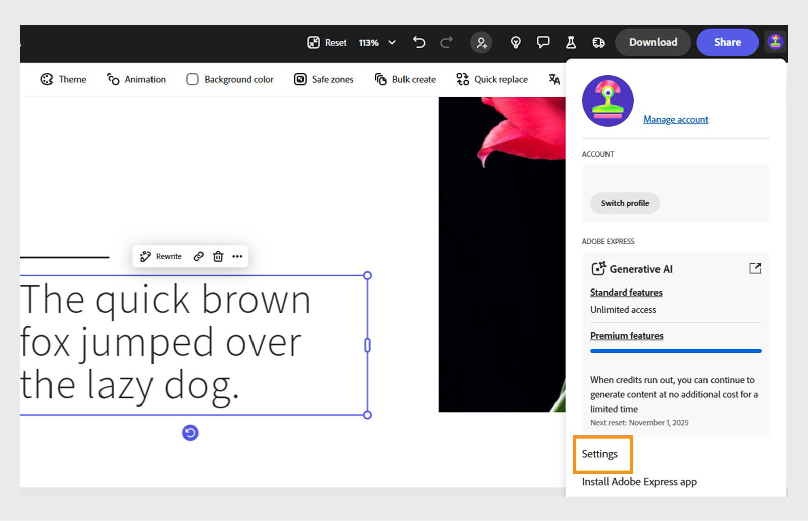 Adobe Express editor showing a text box with the phrase ‘The quick brown fox jumped over the lazy dog’ and the Account menu open on the right, highlighting the Settings option.
