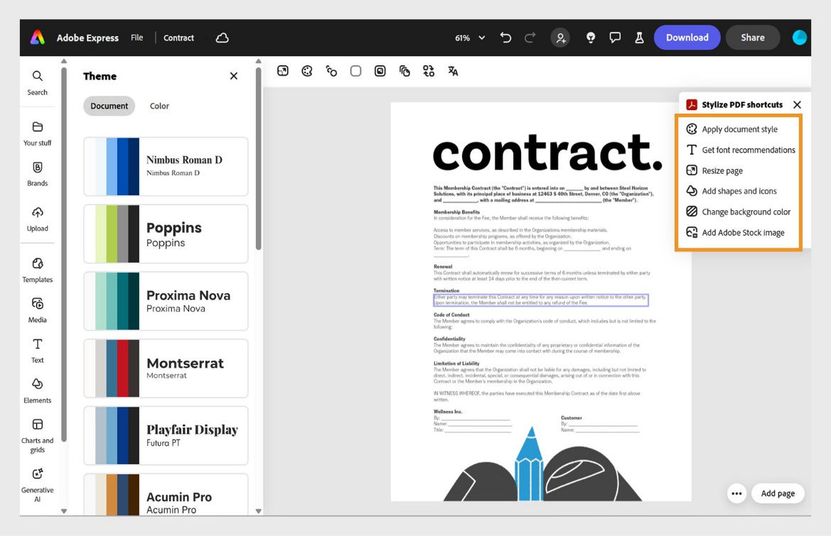Adobe Express editor via Acrobat shows s the Stylize PDF tools section with options such as Get font recommendations, Apply color theme, Resize page, and more.