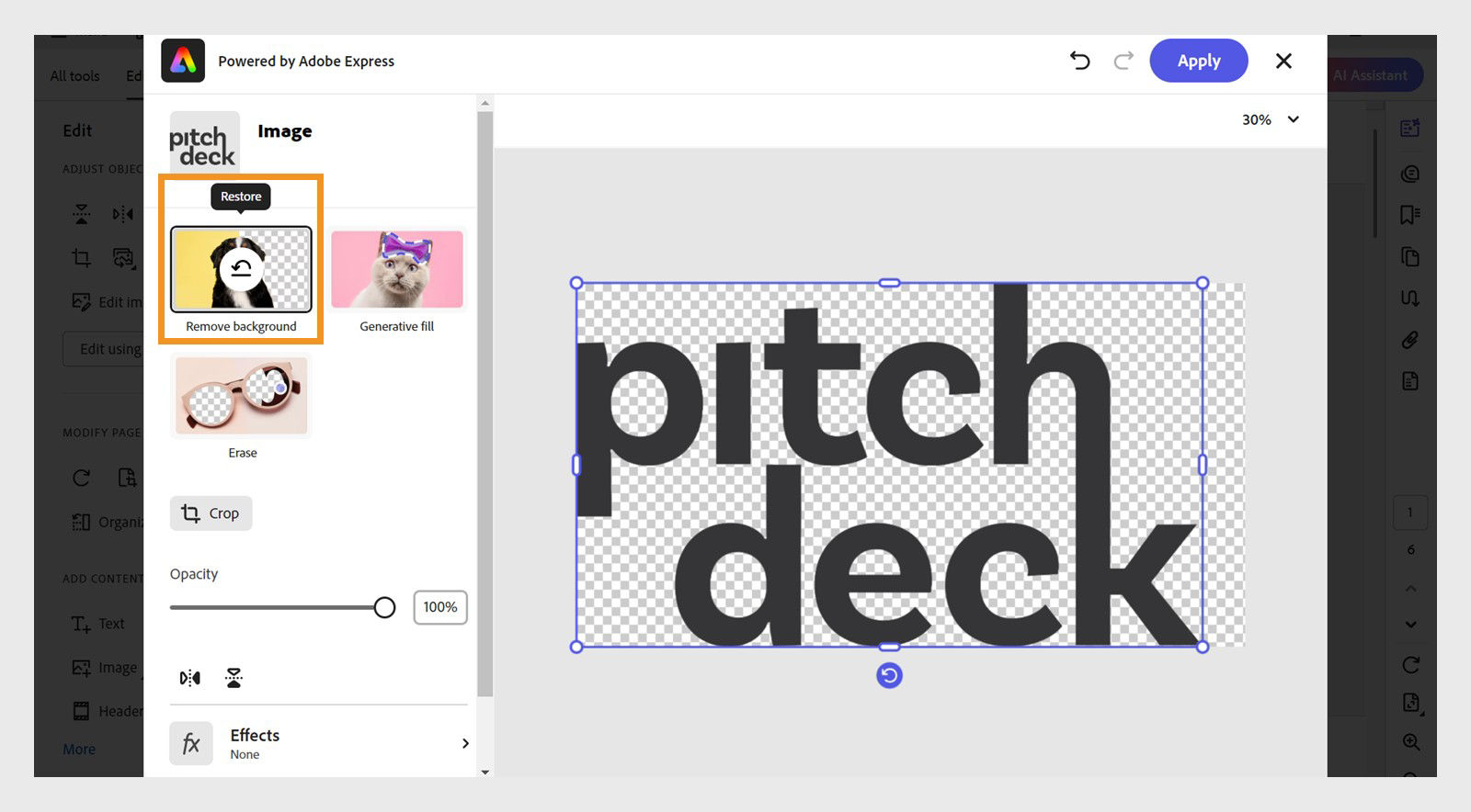 Adobe Express editor window in Acrobat displays various options such as Remove background, Generate fill, Erase, Crop, and more.