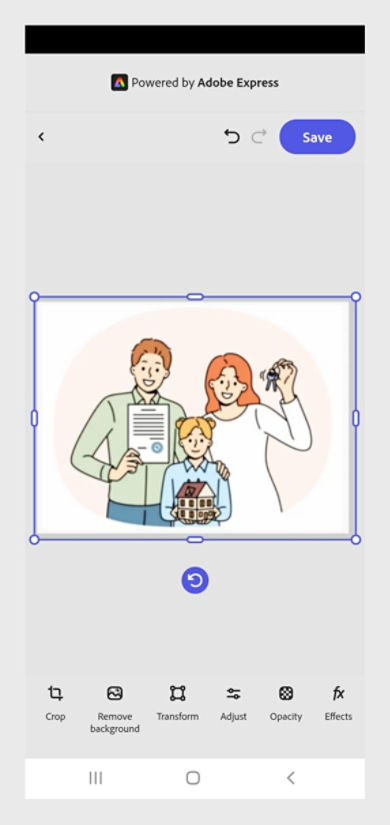 Adobe Express' bilderedigering i Acrobat viser verktøy for å fjerne bakgrunn, generere utfylling, viske ut, beskjære og mer.