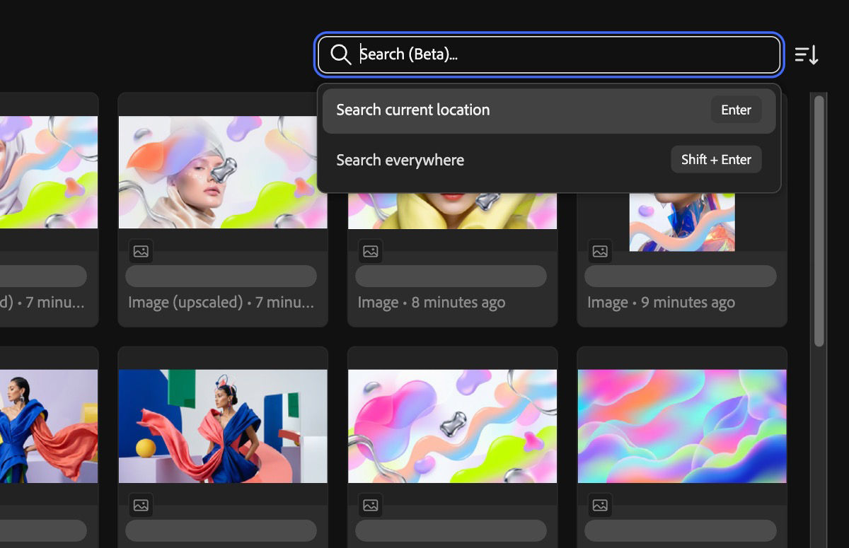 Adobe Firefly Generation history view with the Search (Beta) field visible in the top-right corner of the content area.