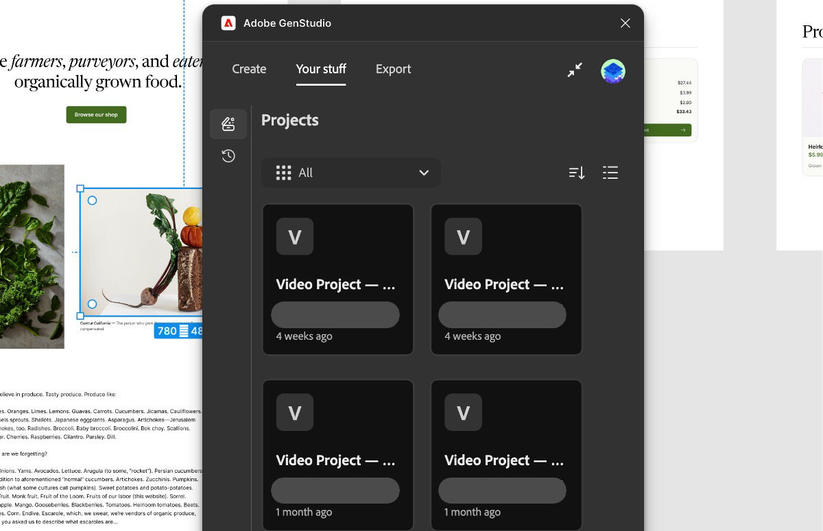 Adobe GenStudio’s “Your stuff” tab displays a grid view of previously created projects.