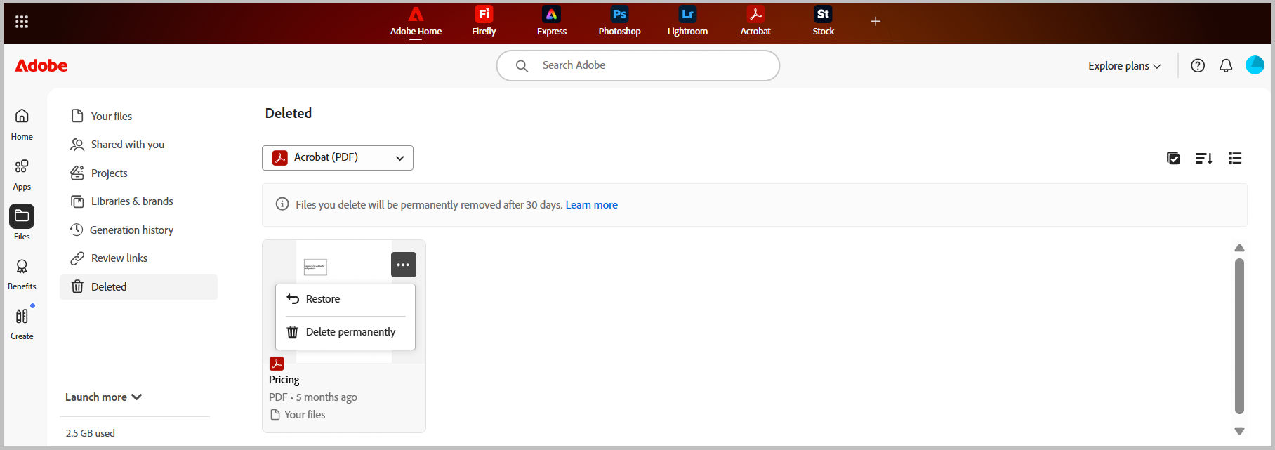 Adobe Home or Creative Cloud Files screen showing the Deleted folder with a file options menu open, highlighting the Restore action.