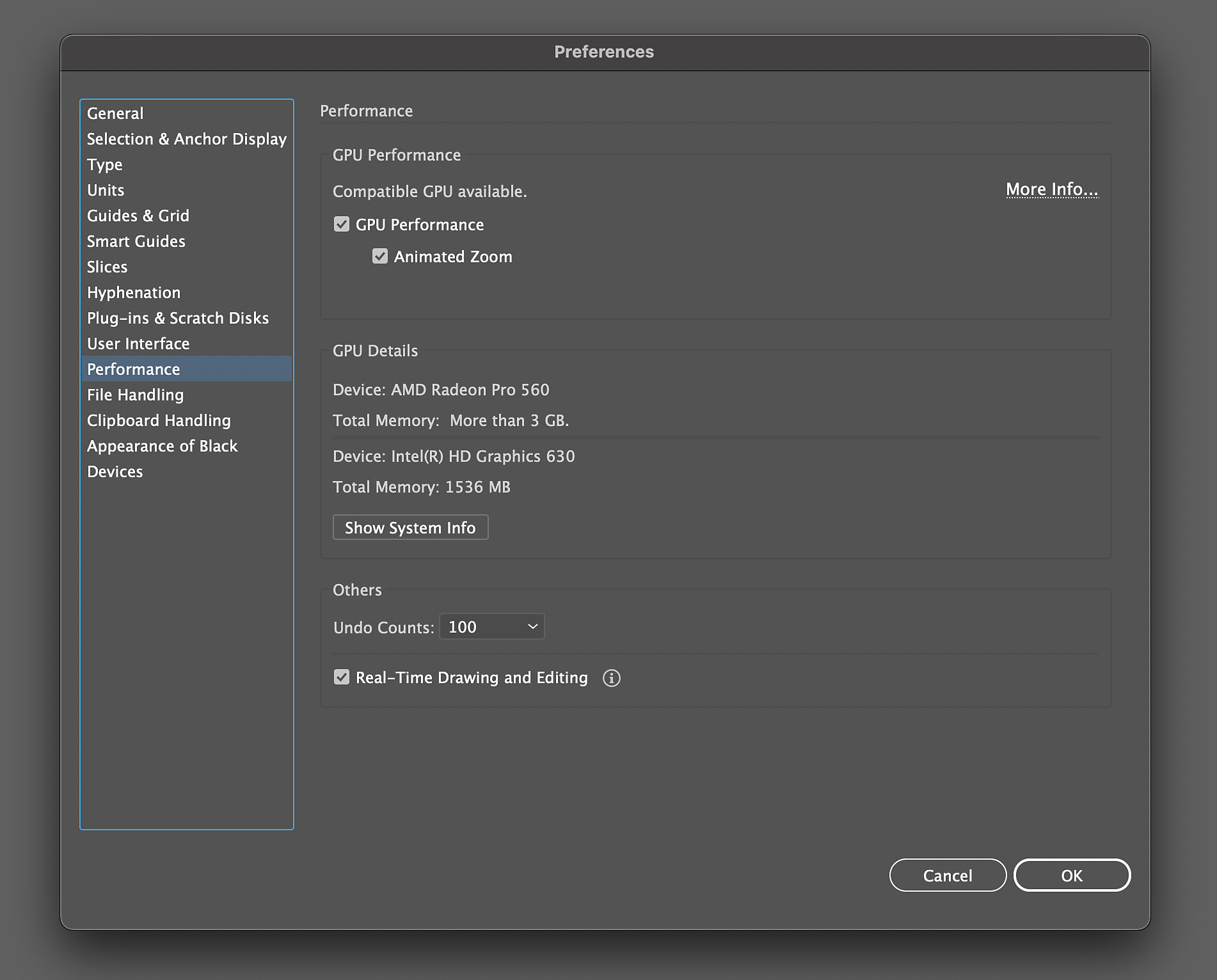 Adobe Illustrator Preference settings displaying GPU Performance options such as, GPU Performance, GPU Details and Other preferences.