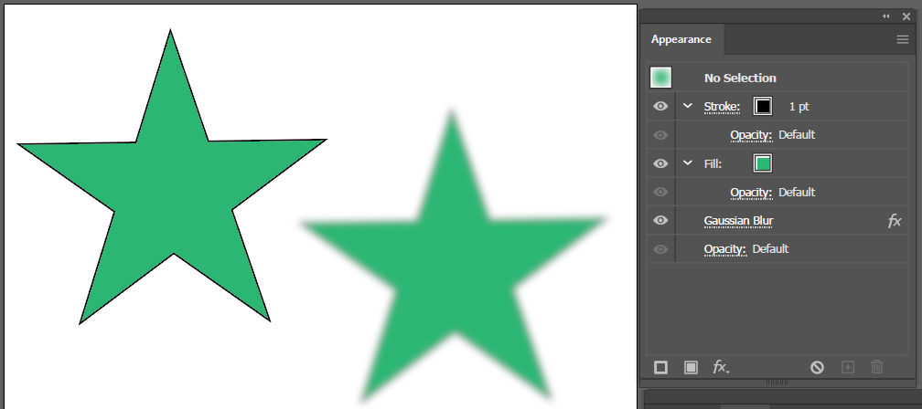 Adobe Illustrator displaying vector and rasterized artwork with Gaussian Blur, alongside the Appearance panel with displaying the applied Effect.