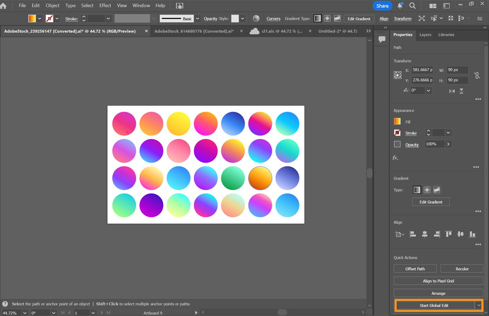 Adobe Illustrator interface with the 'Start Global Edit' button highlighted in the Properties panel, showing how to initiate edits across similar grouped objects.