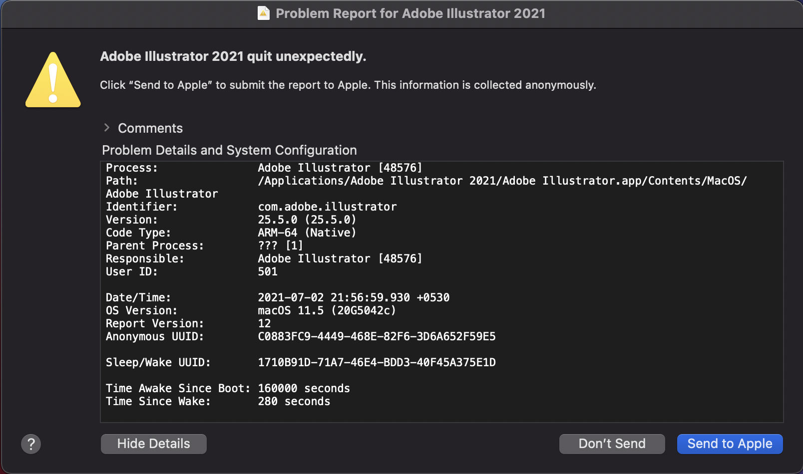 Copy the detailed information about the crash