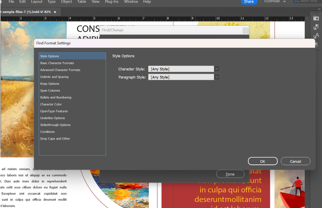 Adobe InDesign Find Format Settings dialog showing Style Options with Character Style and Paragraph Style dropdown fields.
