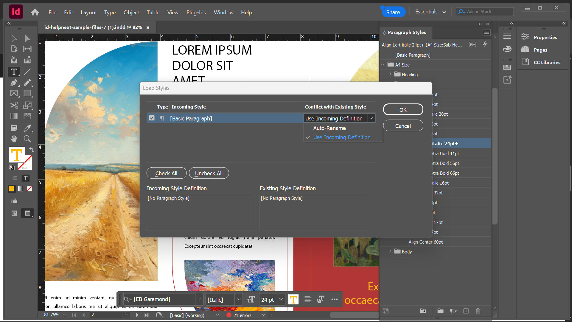 Adobe InDesign Load Styles dialog showing the Basic Paragraph style selected, with Use Incoming Definition chosen to resolve a style conflict.