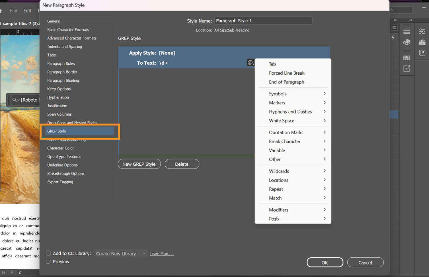Adobe InDesign New Paragraph Style dialog showing the GREP Style section selected, with the GREP expression field active and the special characters menu expanded.