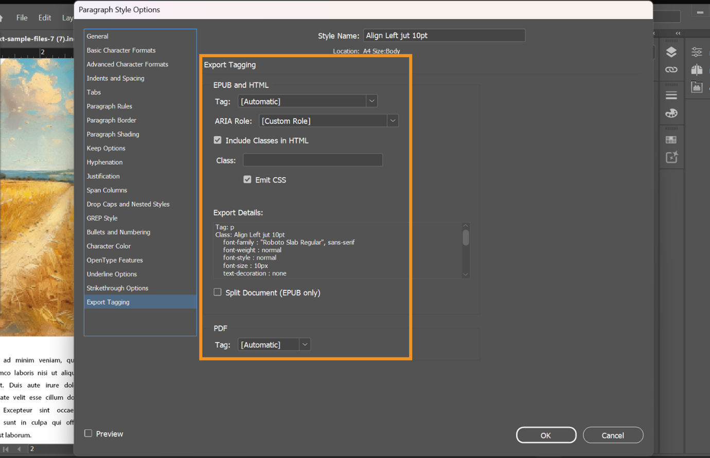 Adobe InDesign Paragraph Style Options dialog with Export Tagging selected, and showing the various configurations. 