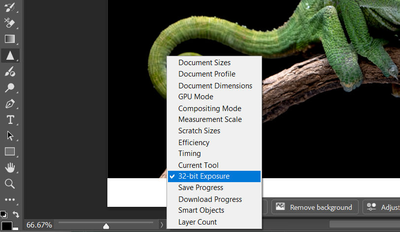 Adobe Photoshop Document status bar pop-up highlighting the selection of 32-bit Exposure option