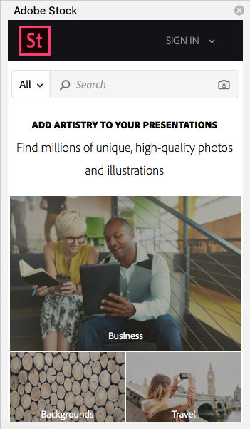 Adobe Stock plug-in panel