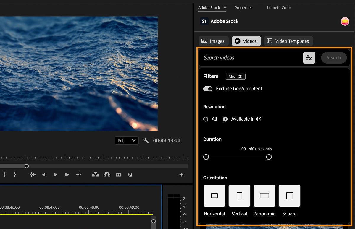 Adobe Stock panel in Premiere shows video search filters for GenAI content, resolution, duration, and orientation.