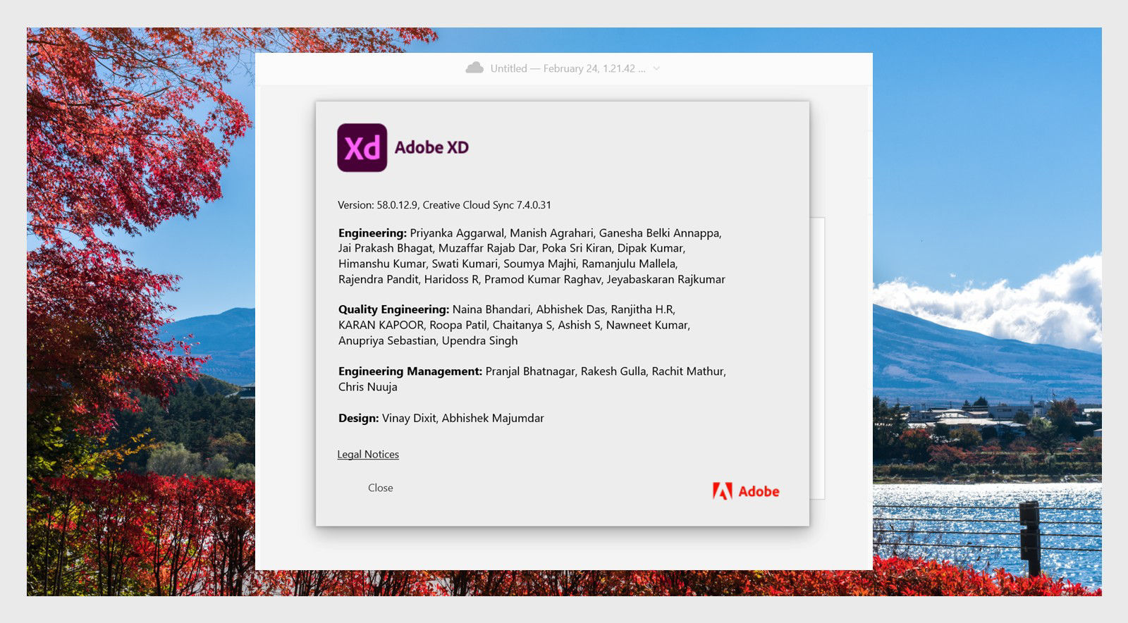 Adobe XD screen displays the XD version and related info.