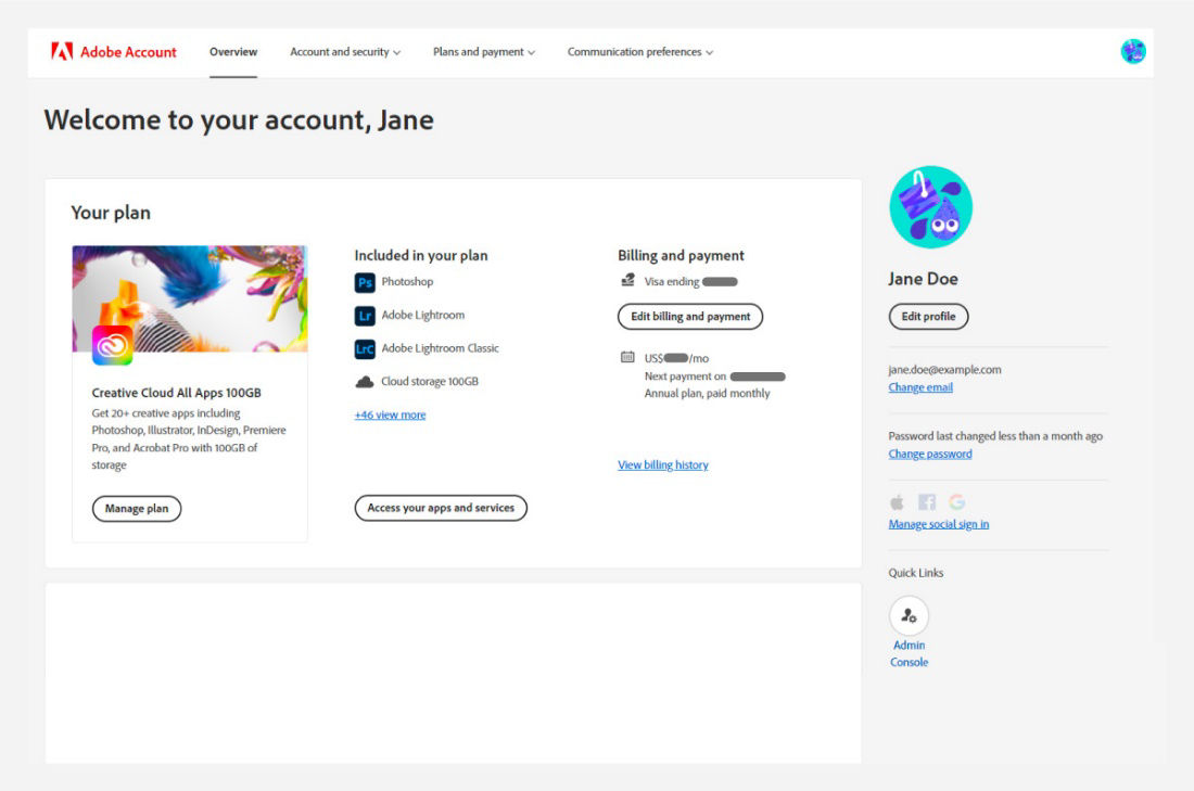 Adobe account overview window