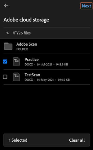 Adobe cloud storage file list in Acrobat Android showing selected document with checkbox, folder and files listed, and Next option in the top-right corner.