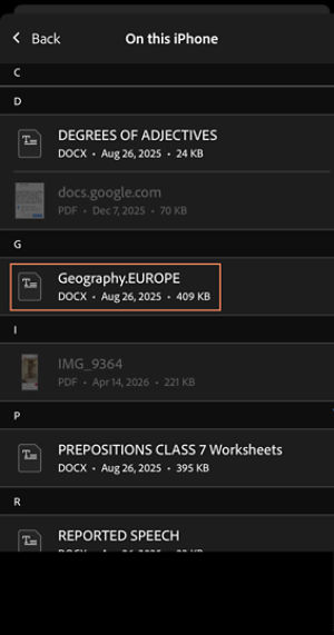 Adobe cloud storage file list in Acrobat iOS showing documents that can be selected to convert to PDF.