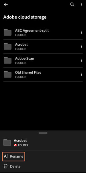 Adobe cloud storage page in Acrobat Android showing a list of folders, with the options menu open for a folder displaying Rename and Delete actions.