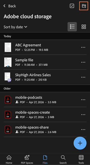 Adobe cloud storage page in Acrobat Android showing a list of PDF files with the Add files icon highlighted in the top-right corner.