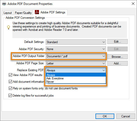 Set the preference in Adobe PDF print settings dialog box