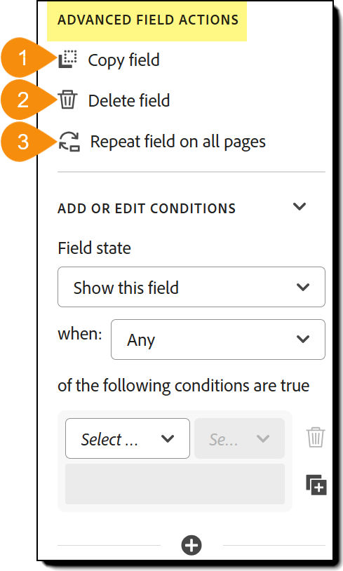 The Advanced Field Actions section of the field properties.