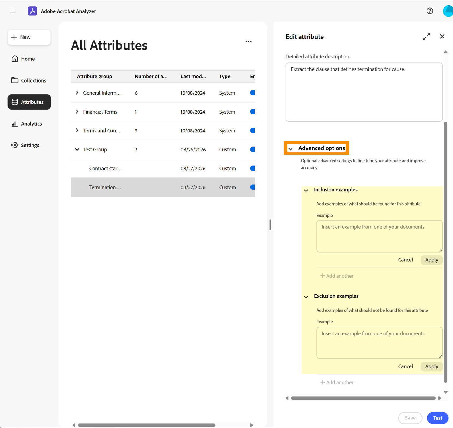 The attribute definition highlighting the Advanced options