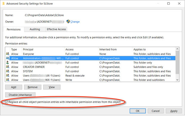 Replace all child object permission entries with inheritable permission entries from this object.