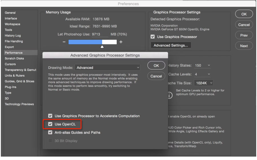 Advanced Graphics Processor Settings in Photoshop with the Use OpenCL option selected.