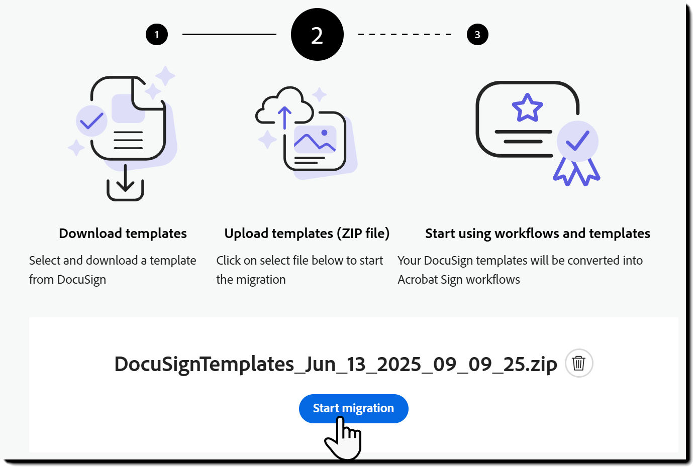 The Start Migration panel with the button highlighted