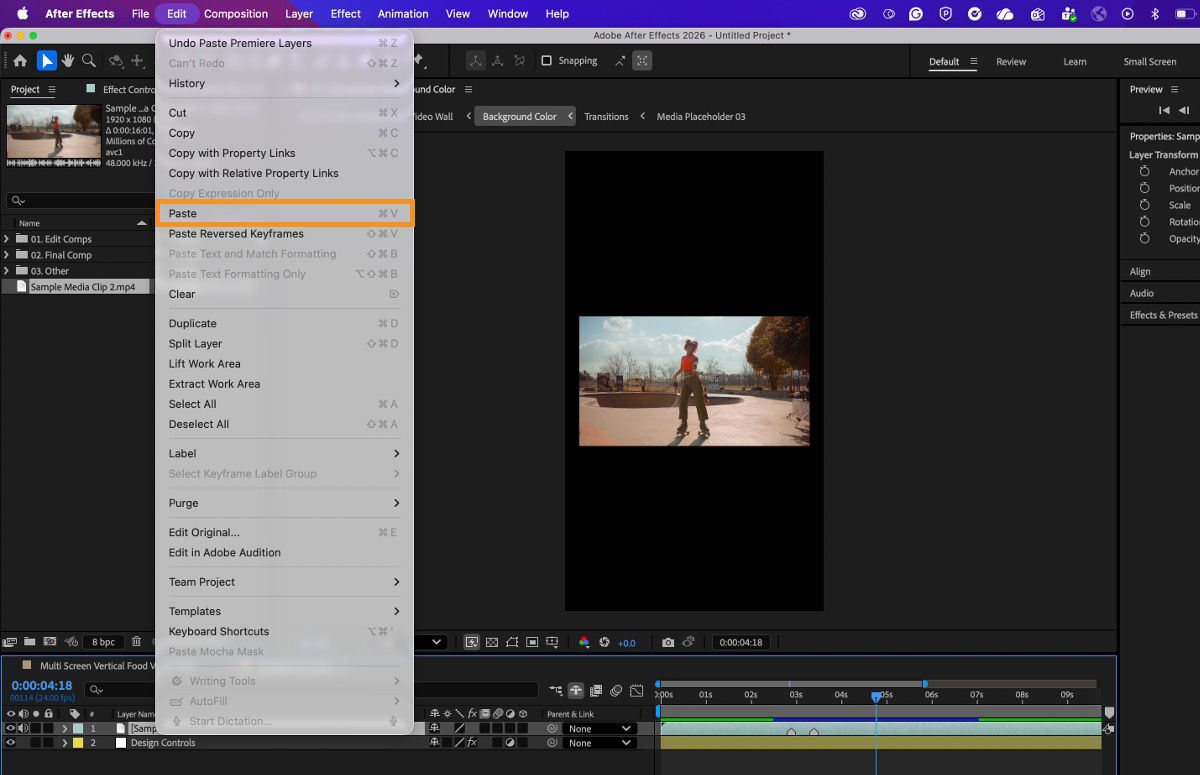 After Effects interface with the Edit menu open and Paste selected, showing content pasted into a composition timeline.