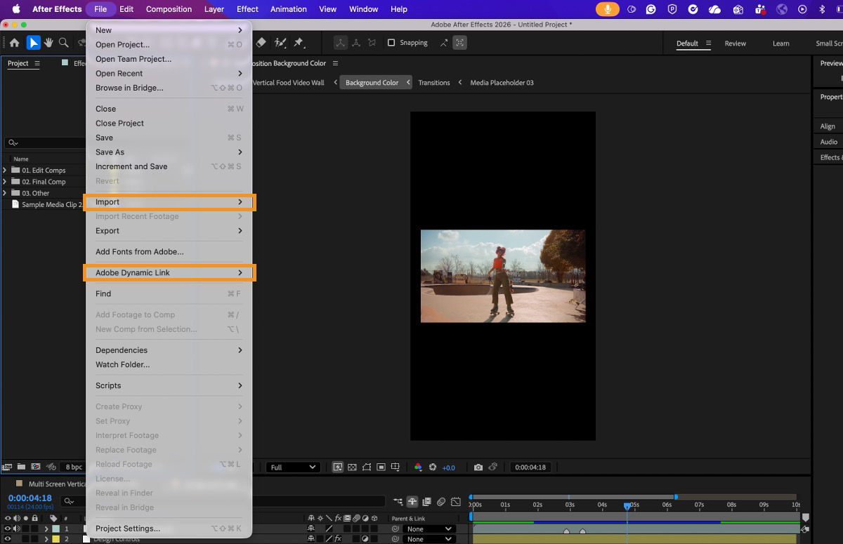 After Effects interface with the File menu open, showing Import and Adobe Dynamic Link options.