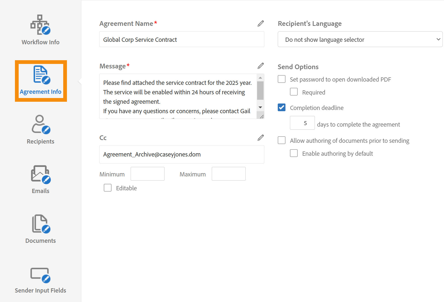 The Custom Workflow Designer showing the Agreement Info tab