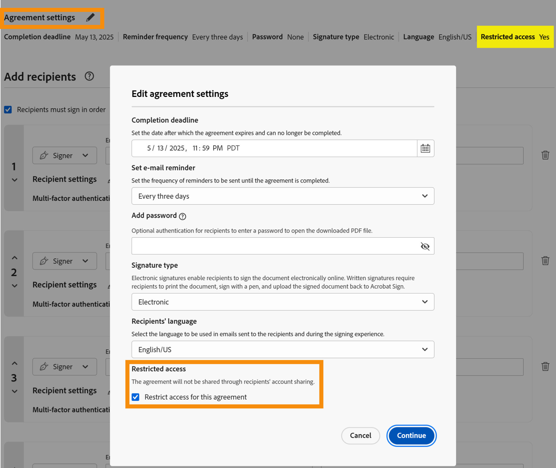 The senders view of the Agreement settings with the option to enable or disable the Restricted Agreement rules highlighted.