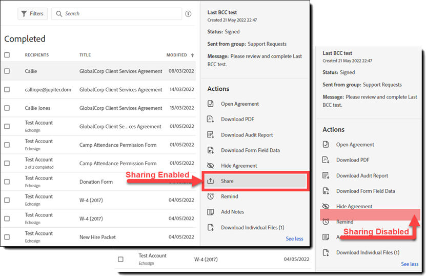 Agreement sharing enabled and disabled