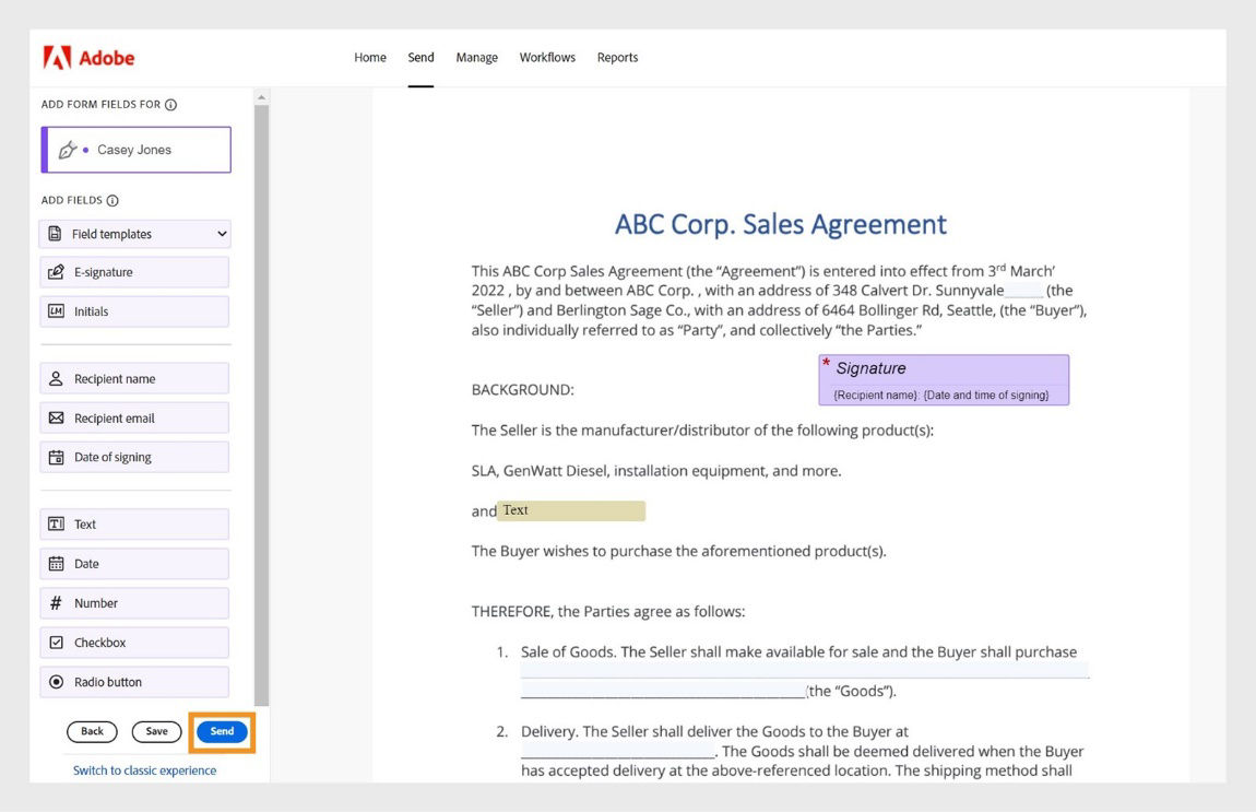 Agreement is open with the form fields pane in the left. The send button is highlighted.