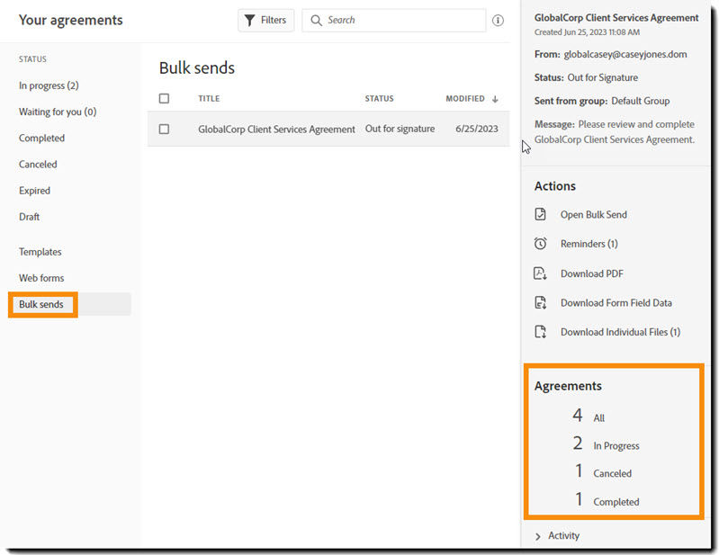 The Manage page highlighting the Agreement summary